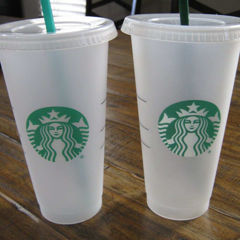 Two (2) Plastic Reusable Venti Starbucks Cups